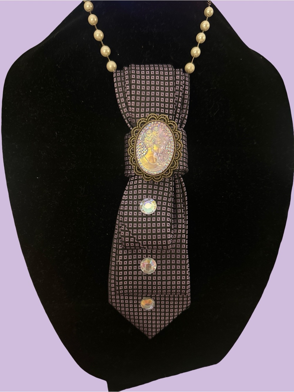 Vintage-Inspired Black & Purple Patterned Tie Necklace with Cameo Brooch